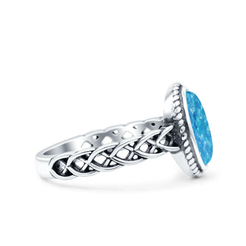 Weave Celtic Vintage Style Lab Opal Ring Solid Oval Oxidized Lab Created Blue Opal 925 Sterling Silver